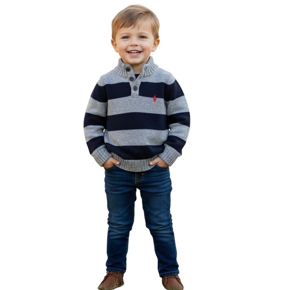 Polo Ralph Lauren Toddler Unisex Striped Half-Zip Sweater Classic Gray & Navy 2T